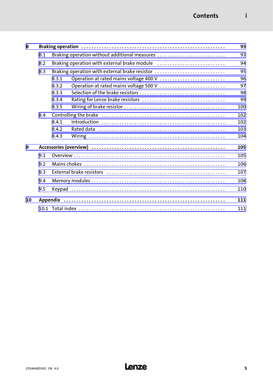 Contents i | Lenze 8400 BaseLine Manual User Manual | Page 5 / 114