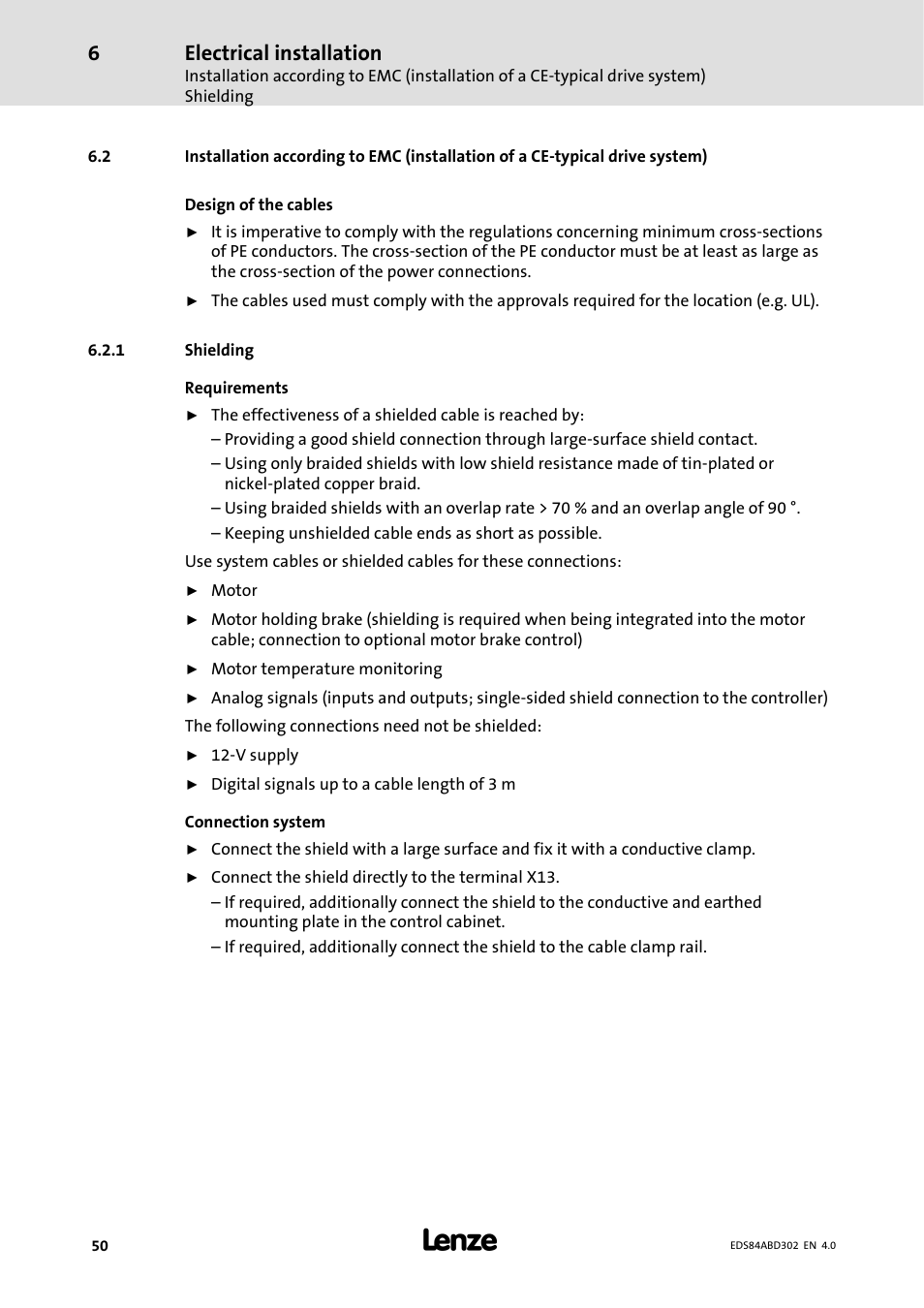 1 shielding, Shielding, Electrical installation | Lenze 8400 BaseLine Manual User Manual | Page 50 / 114