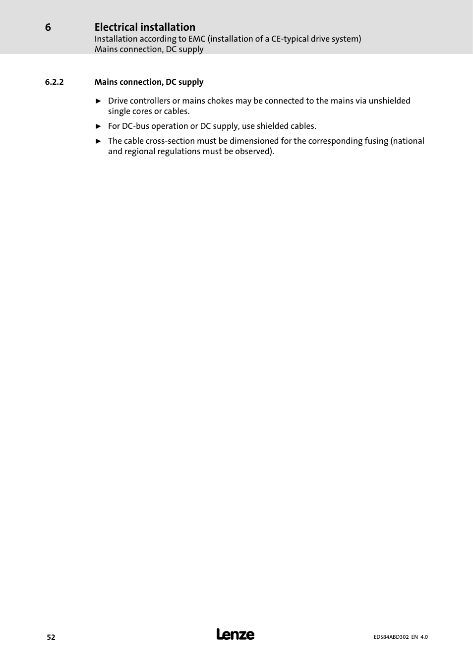 2 mains connection, dc supply, Mains connection, dc supply, Electrical installation | Lenze 8400 BaseLine Manual User Manual | Page 52 / 114