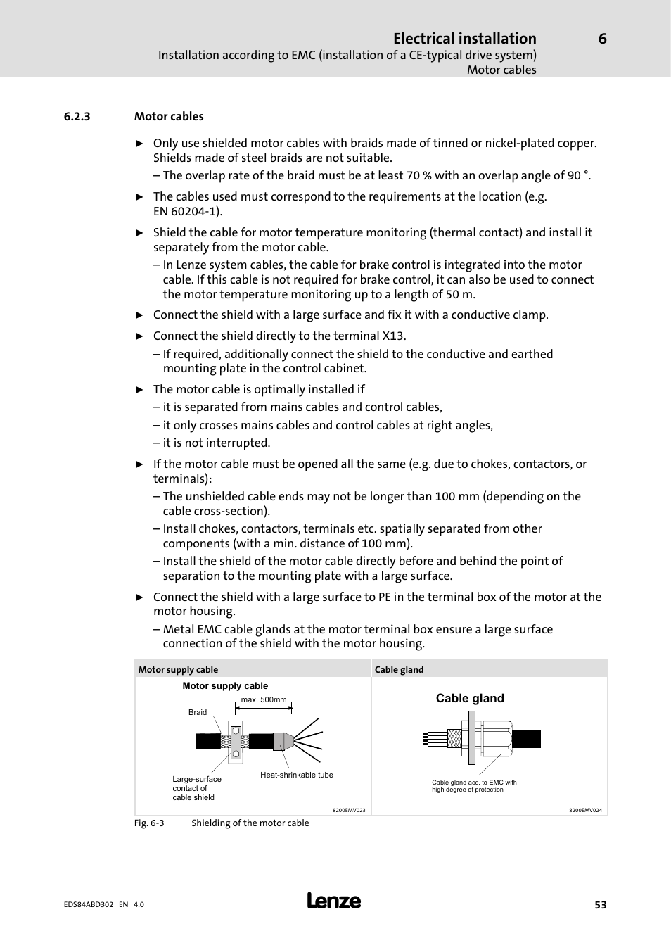 3 motor cables, Motor cables, Electrical installation | Lenze 8400 BaseLine Manual User Manual | Page 53 / 114