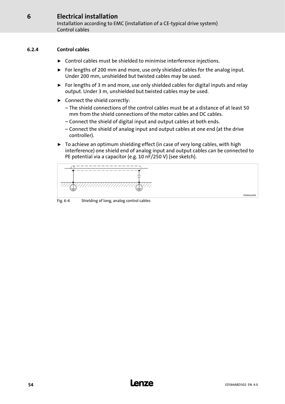 4 control cables, Control cables, Electrical installation | Lenze 8400 BaseLine Manual User Manual | Page 54 / 114