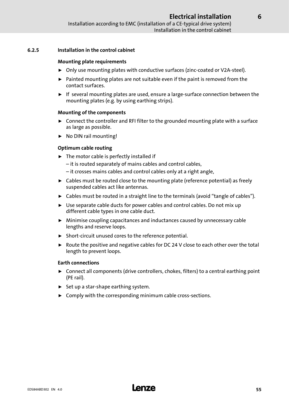5 installation in the control cabinet, Installation in the control cabinet, Electrical installation | Lenze 8400 BaseLine Manual User Manual | Page 55 / 114