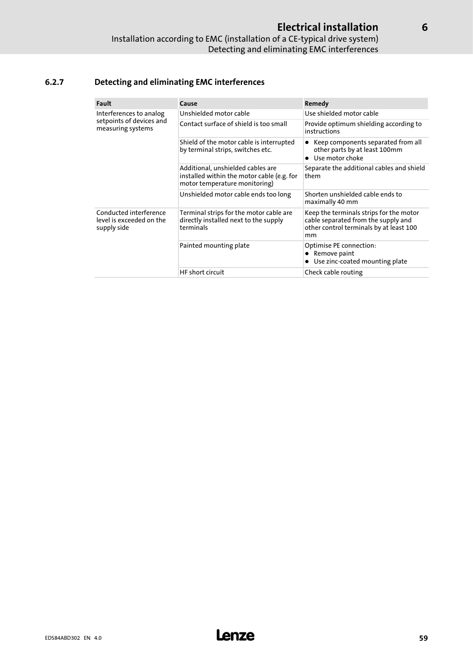 7 detecting and eliminating emc interferences, Detecting and eliminating emc interferences, Electrical installation | Lenze 8400 BaseLine Manual User Manual | Page 59 / 114