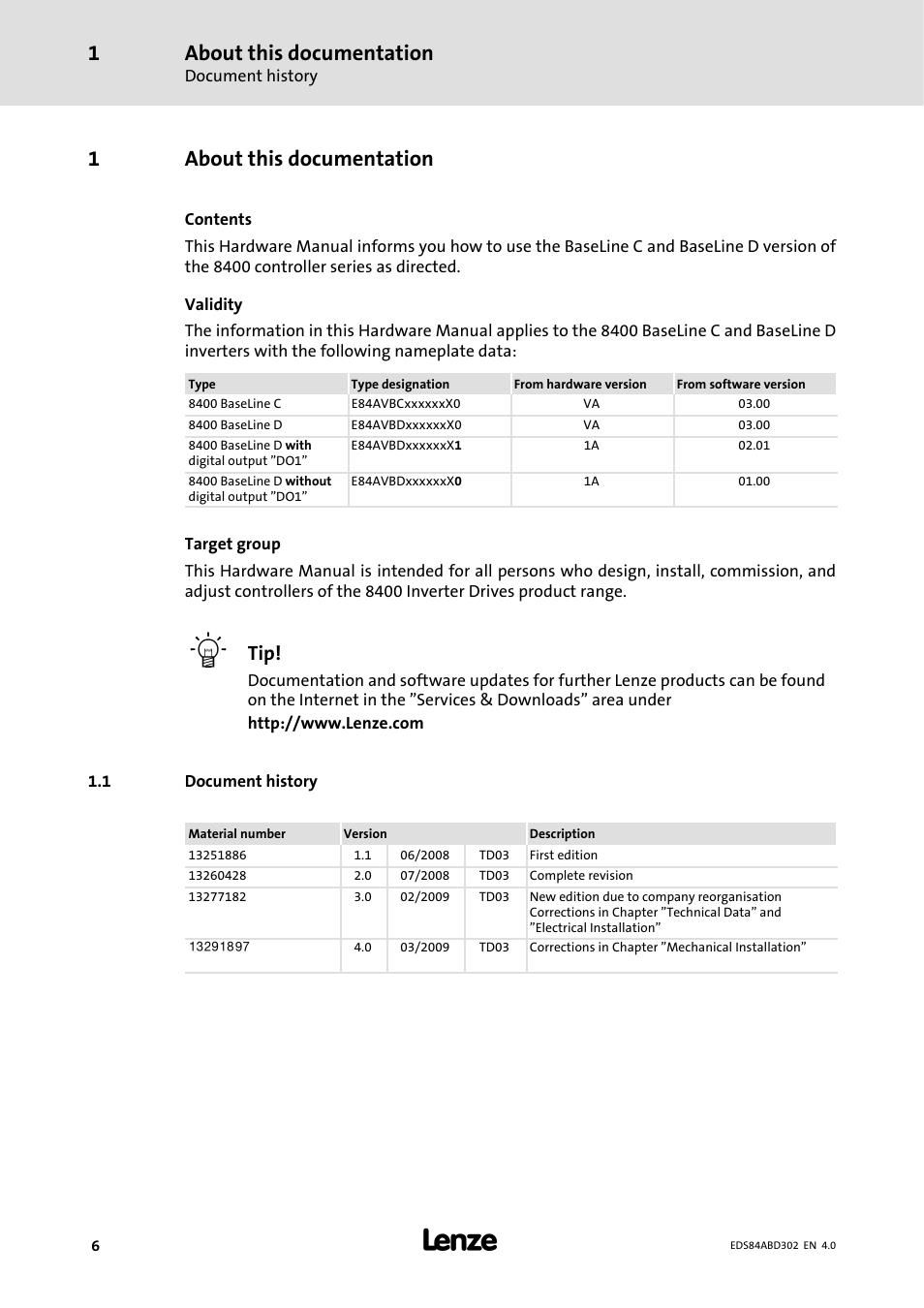 About this documentation, 1 document history, 1about this documentation | Lenze 8400 BaseLine Manual User Manual | Page 6 / 114