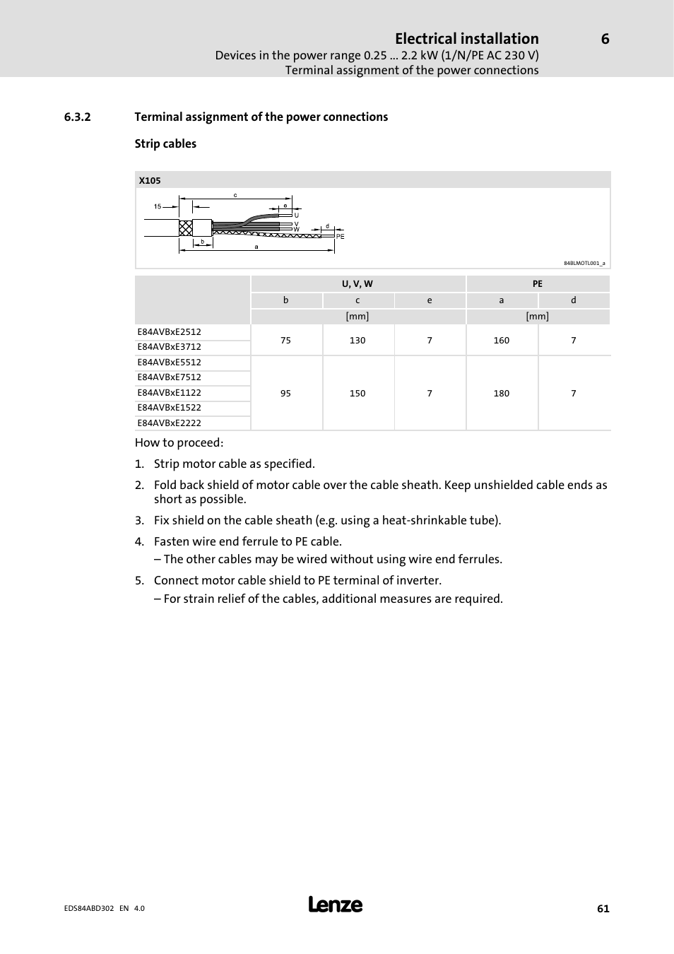 2 terminal assignment of the power connections, Terminal assignment of the power connections, Electrical installation | Lenze 8400 BaseLine Manual User Manual | Page 61 / 114