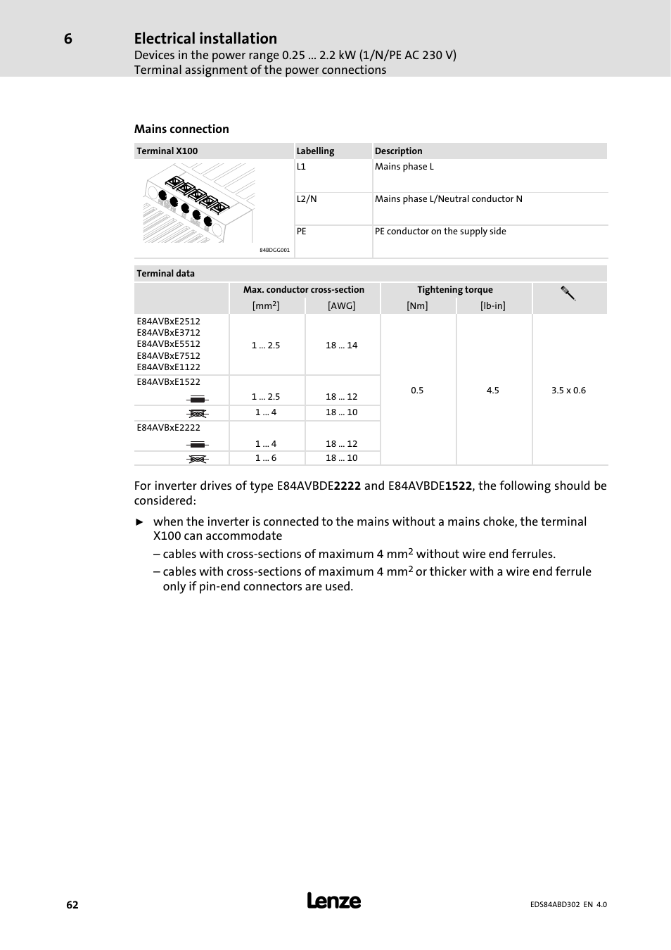 Electrical installation | Lenze 8400 BaseLine Manual User Manual | Page 62 / 114