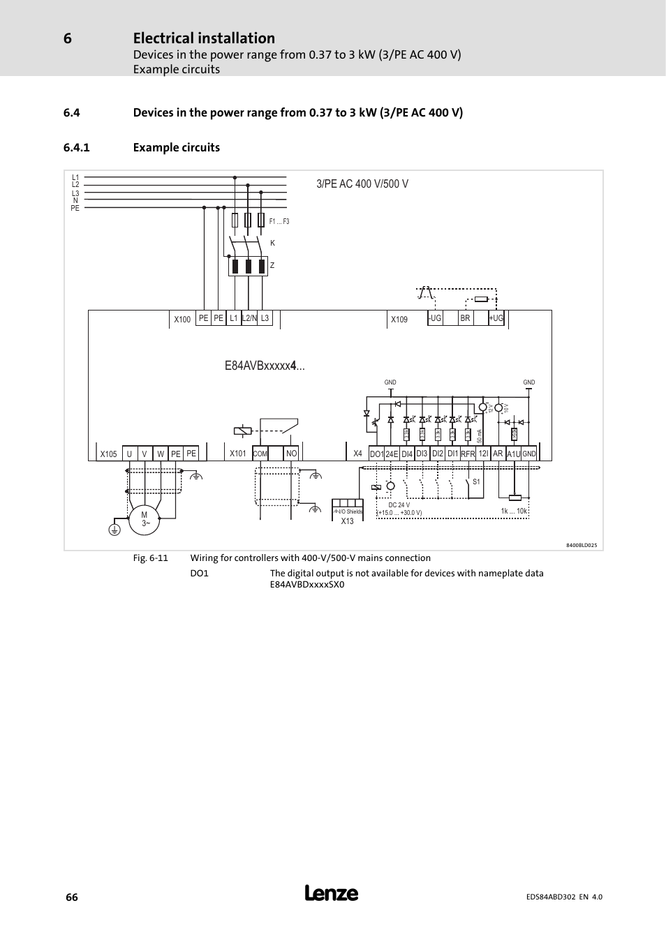 1 example circuits, Example circuits, Electrical installation | Lenze 8400 BaseLine Manual User Manual | Page 66 / 114