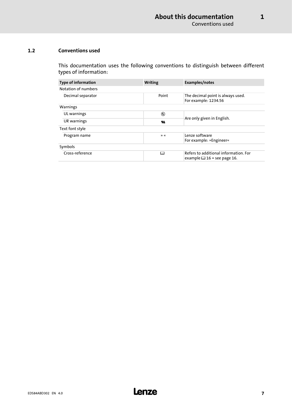 2 conventions used, About this documentation | Lenze 8400 BaseLine Manual User Manual | Page 7 / 114