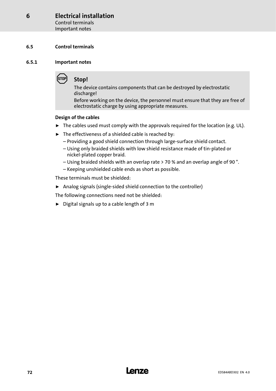5 control terminals, 1 important notes, Important notes | Electrical installation | Lenze 8400 BaseLine Manual User Manual | Page 72 / 114