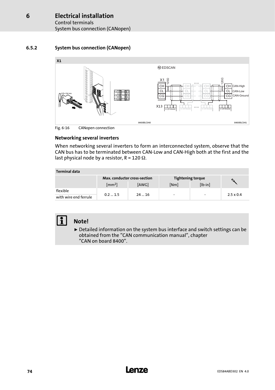 2 systembus connection ( canopen), System bus connection (canopen), Electrical installation | Control terminals system bus connection (canopen), 2 system bus connection (canopen) | Lenze 8400 BaseLine Manual User Manual | Page 74 / 114