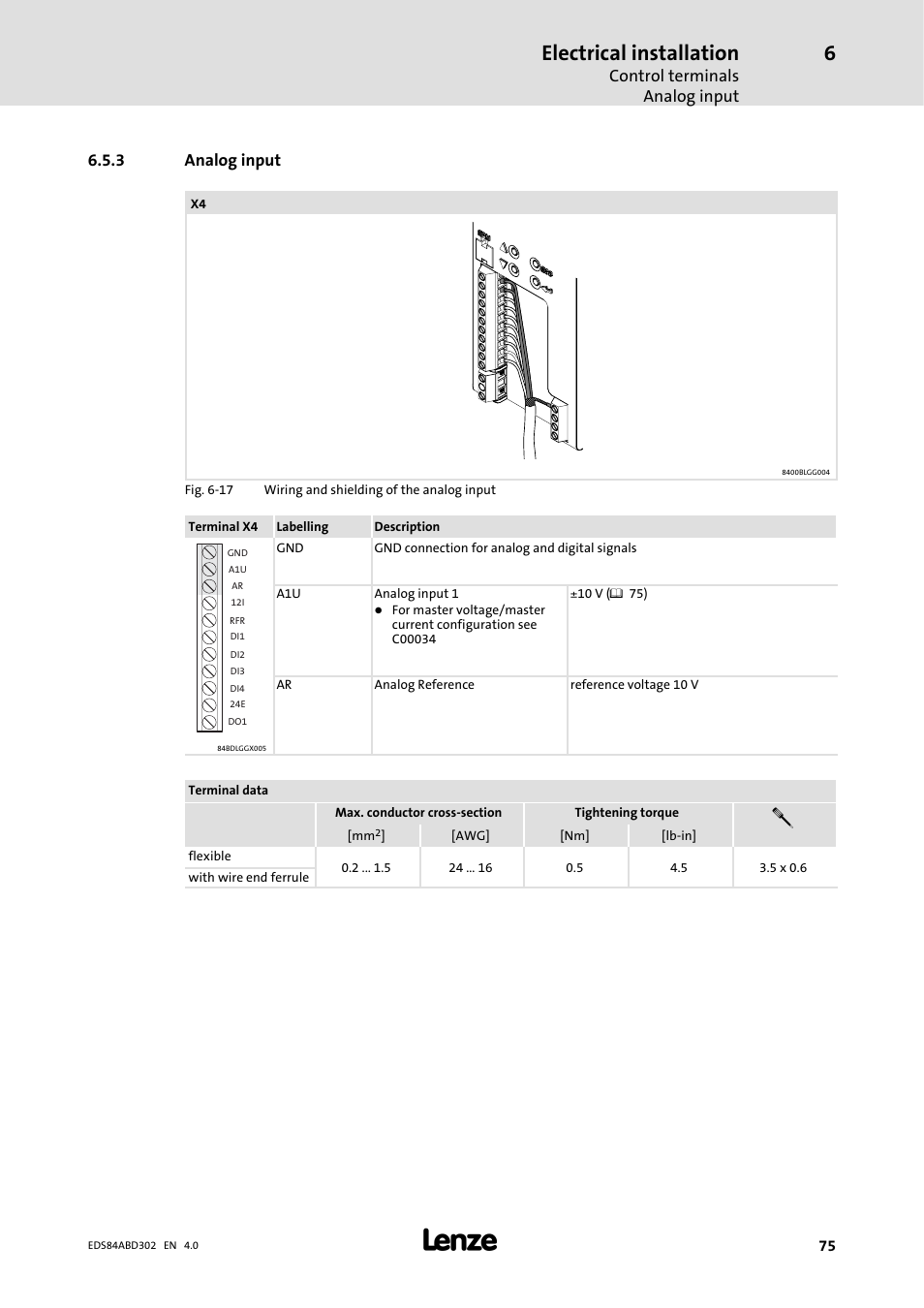 3 analog input, Analog input, Electrical installation | Control terminals analog input | Lenze 8400 BaseLine Manual User Manual | Page 75 / 114