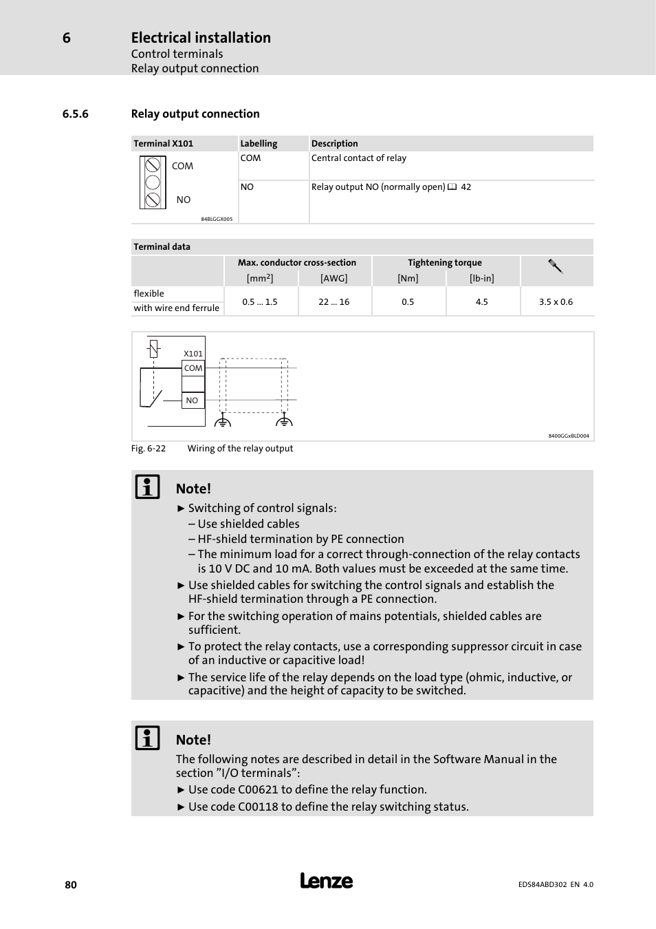 6 relay output connection, Relay output connection, Electrical installation | Lenze 8400 BaseLine Manual User Manual | Page 80 / 114