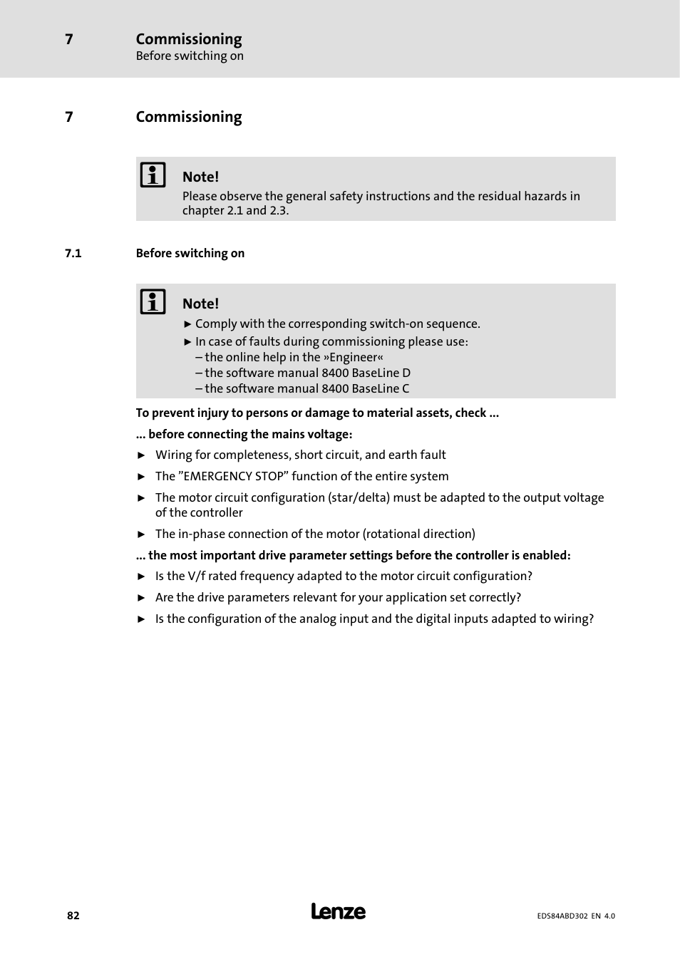 Commissioning, 1 before switching on, 7commissioning | Lenze 8400 BaseLine Manual User Manual | Page 82 / 114