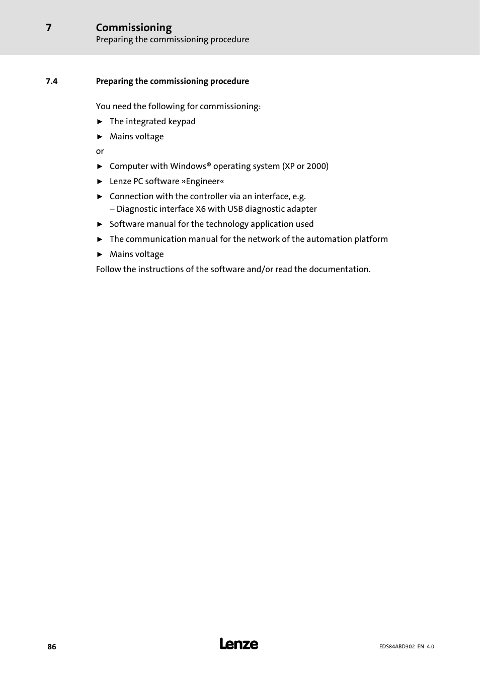 4 preparing the commissioning procedure, Commissioning | Lenze 8400 BaseLine Manual User Manual | Page 86 / 114