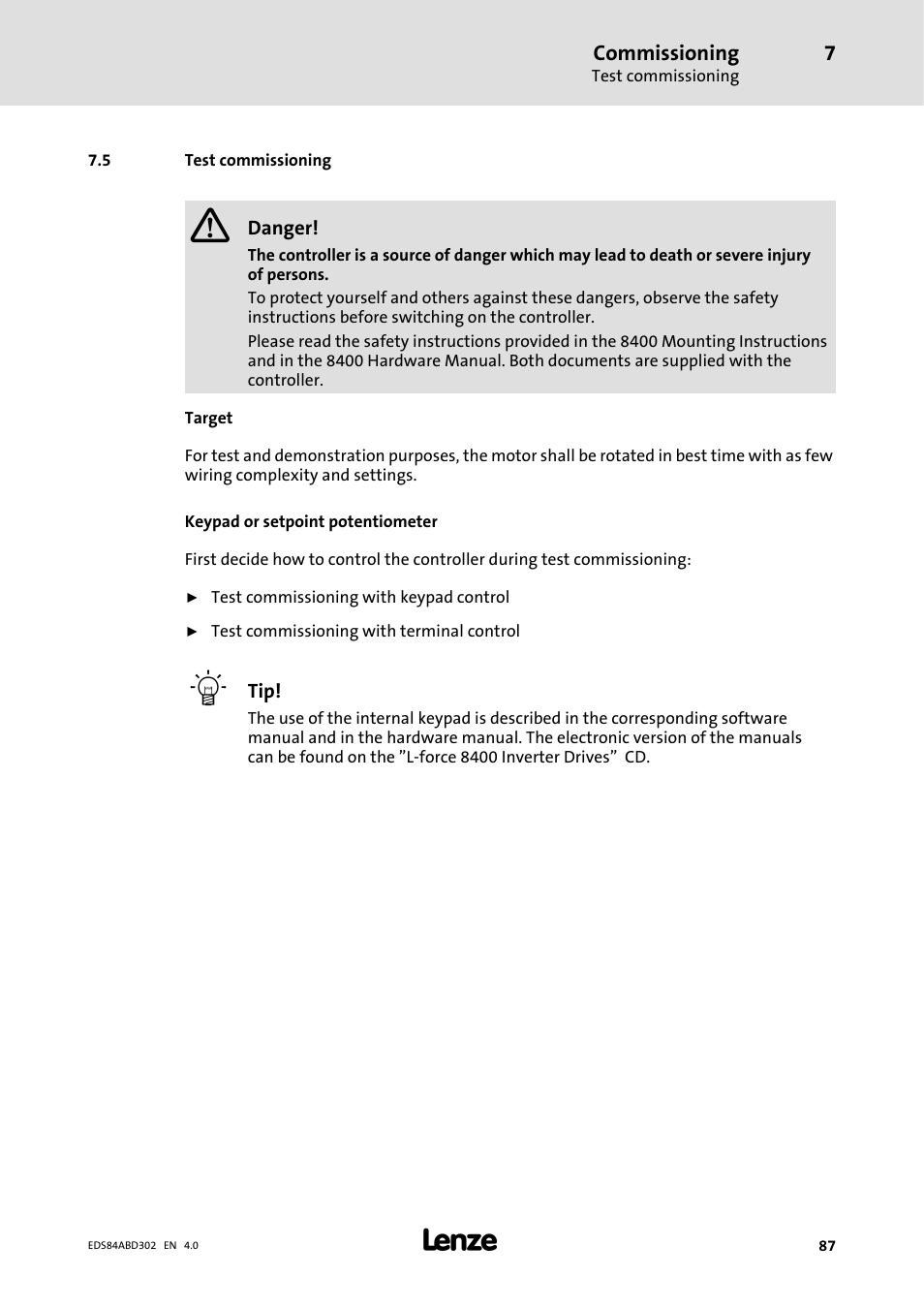 5 test commissioning | Lenze 8400 BaseLine Manual User Manual | Page 87 / 114