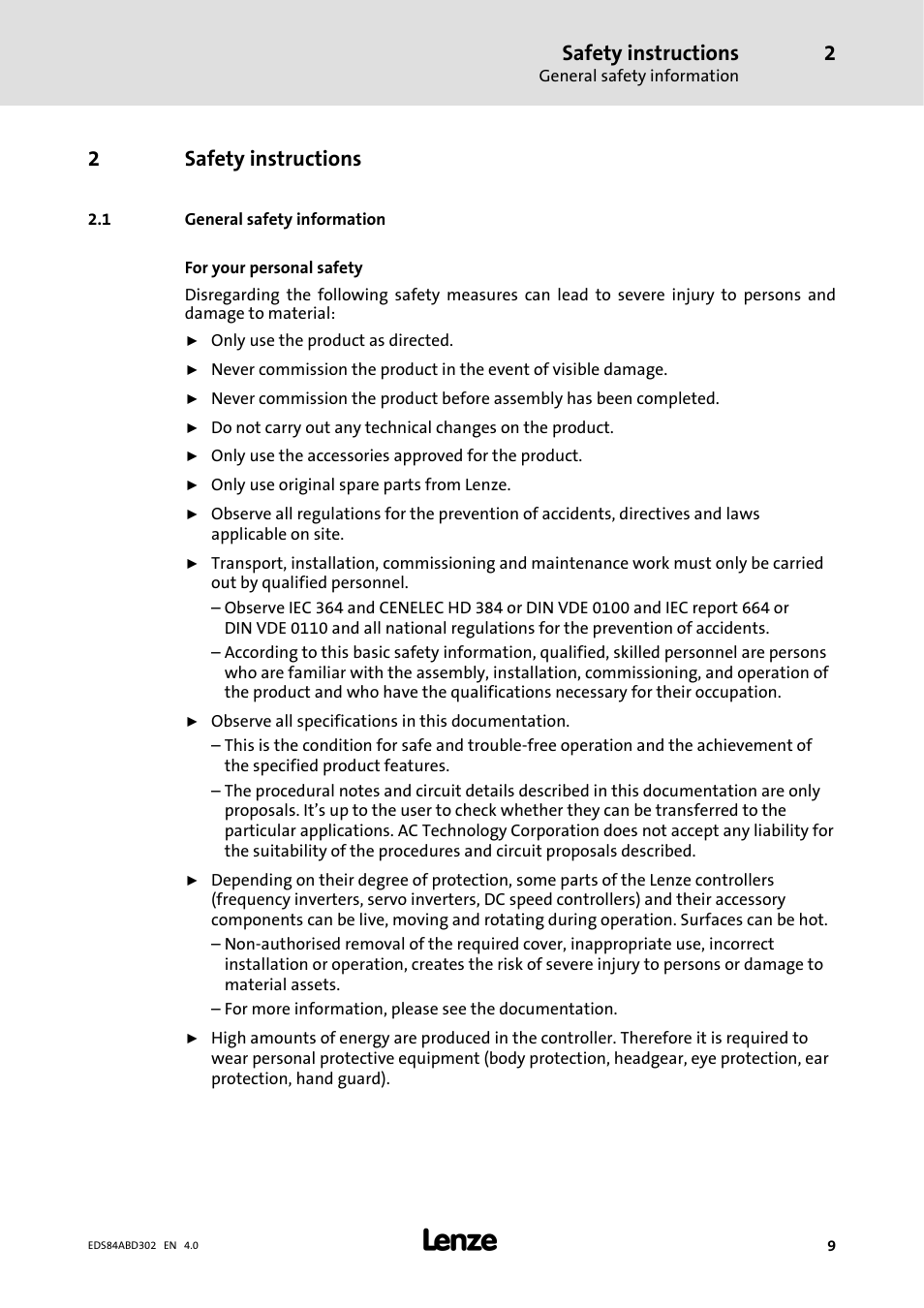 Safety instructions, 1 general safety information, 2safety instructions | Lenze 8400 BaseLine Manual User Manual | Page 9 / 114