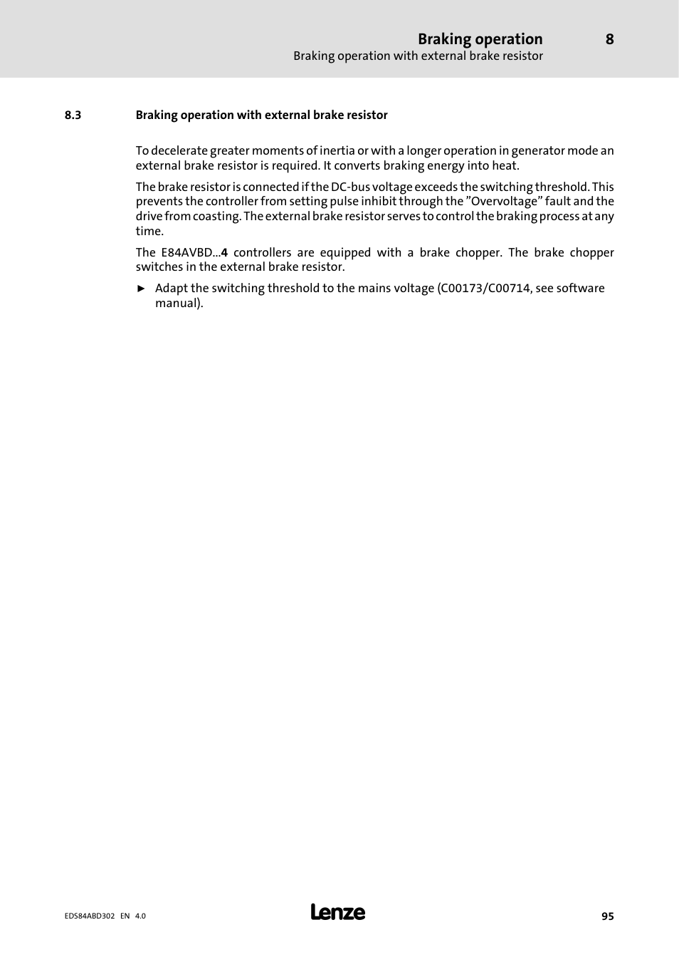 3 braking operation with external brake resistor, Braking operation | Lenze 8400 BaseLine Manual User Manual | Page 95 / 114