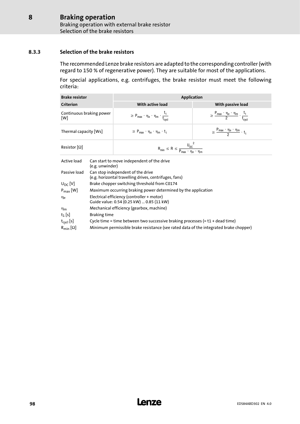 3 selection of the brake resistors, Selection of the brake resistors, Braking operation | Lenze 8400 BaseLine Manual User Manual | Page 98 / 114