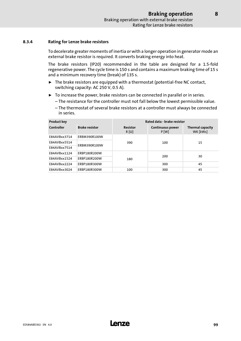 4 rating for lenze brake resistors, Rating for lenze brake resistors, Braking operation | Lenze 8400 BaseLine Manual User Manual | Page 99 / 114