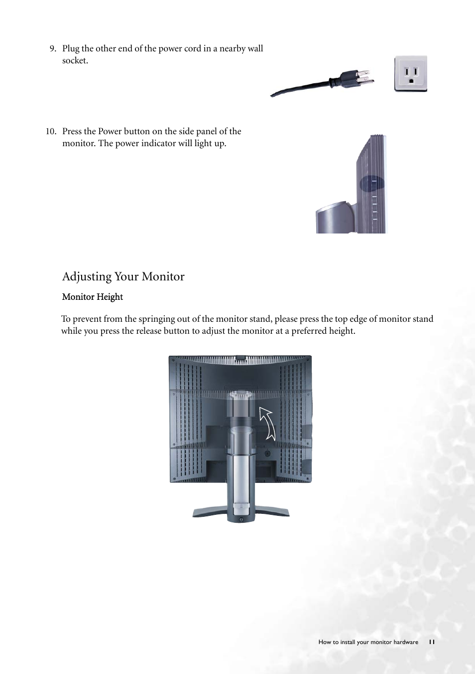Adjusting your monitor | BenQ FP231W User Manual | Page 11 / 37