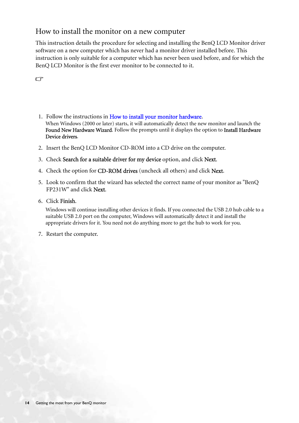 How to install the monitor on a new computer | BenQ FP231W User Manual | Page 14 / 37