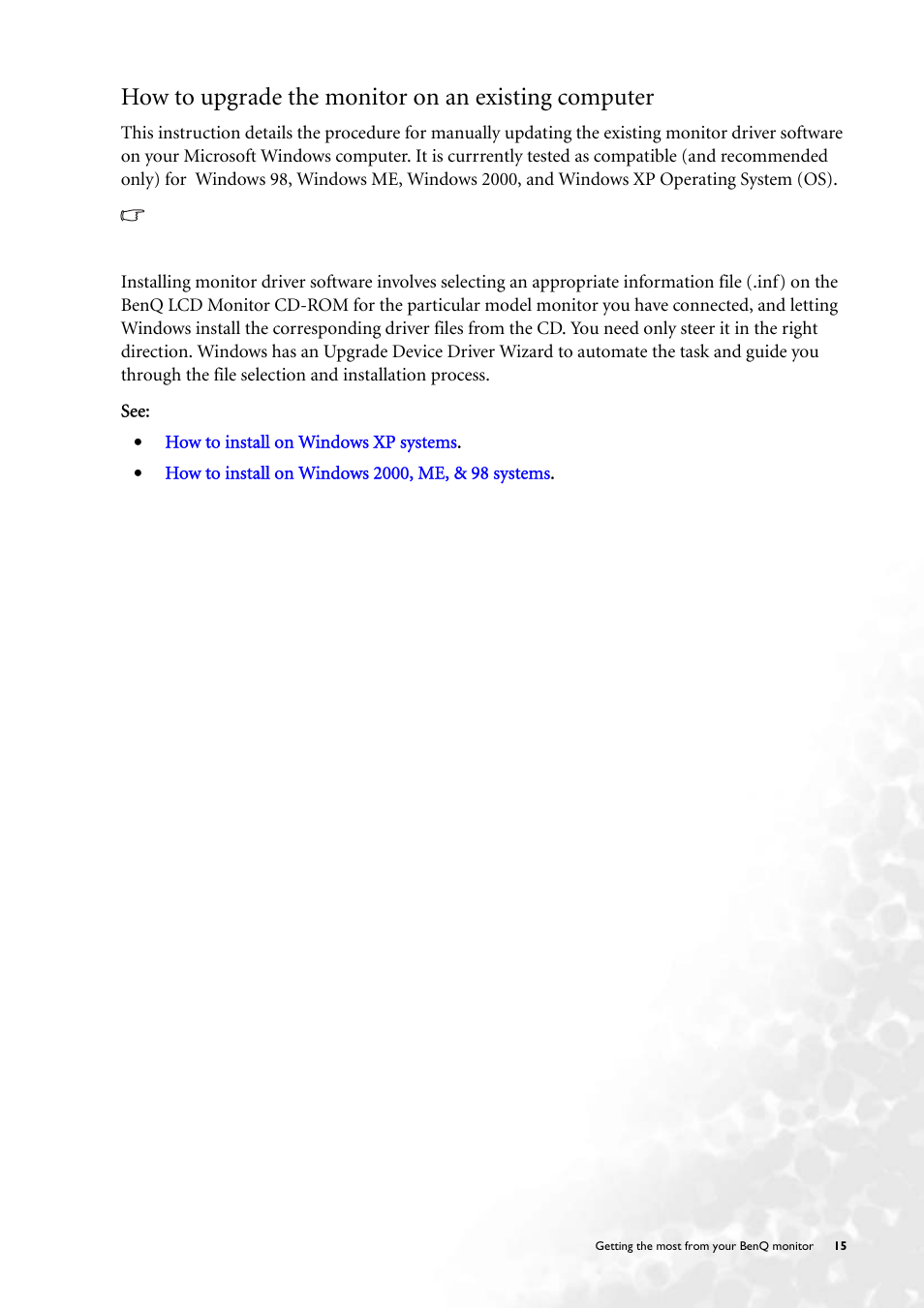 How to upgrade the monitor on an existing computer | BenQ FP231W User Manual | Page 15 / 37