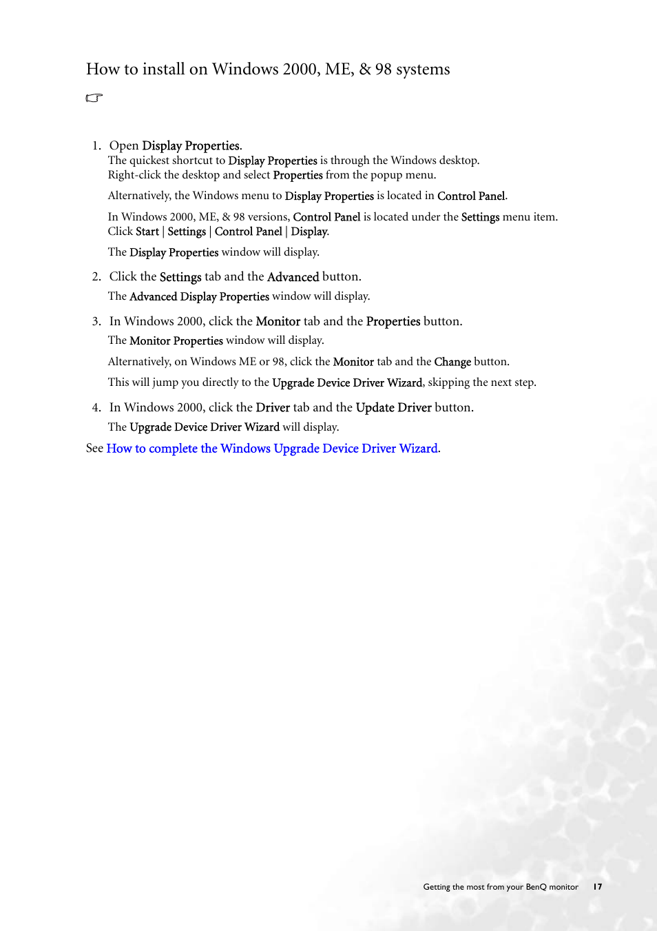 How to install on windows 2000, me, & 98 systems | BenQ FP231W User Manual | Page 17 / 37