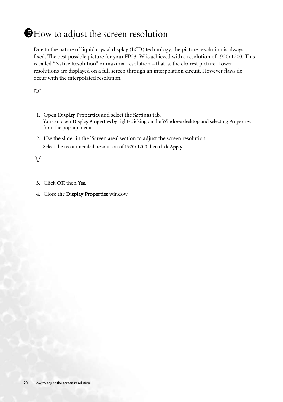 How to adjust the screen resolution | BenQ FP231W User Manual | Page 20 / 37