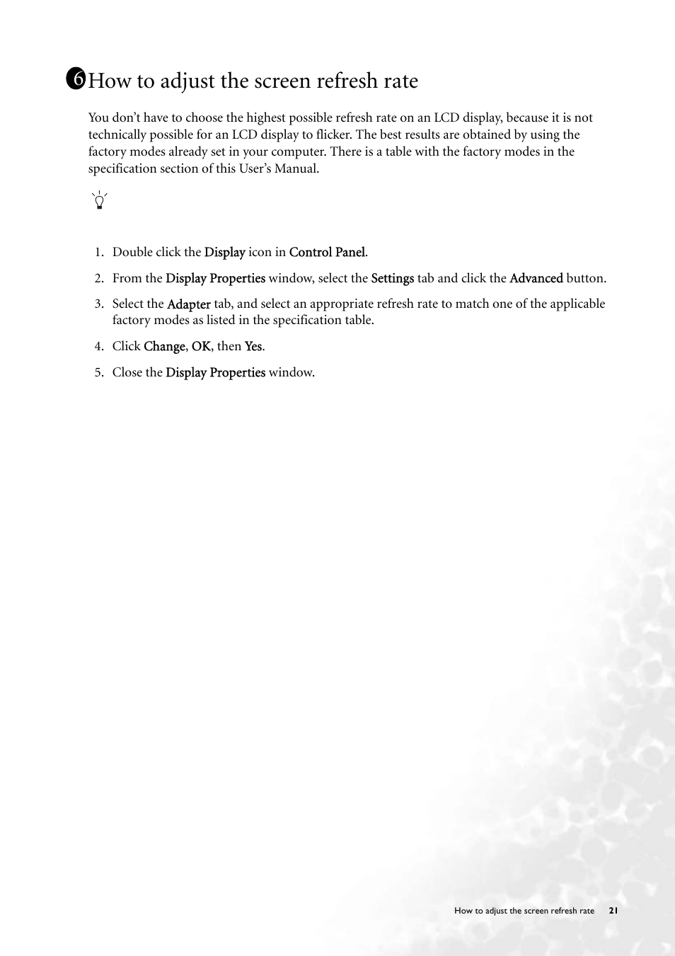 Hhow to adjust the screen refresh rate, How to adjust the screen refresh rate | BenQ FP231W User Manual | Page 21 / 37