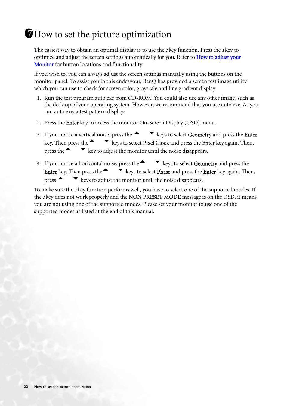 How to set the picture optimization | BenQ FP231W User Manual | Page 22 / 37