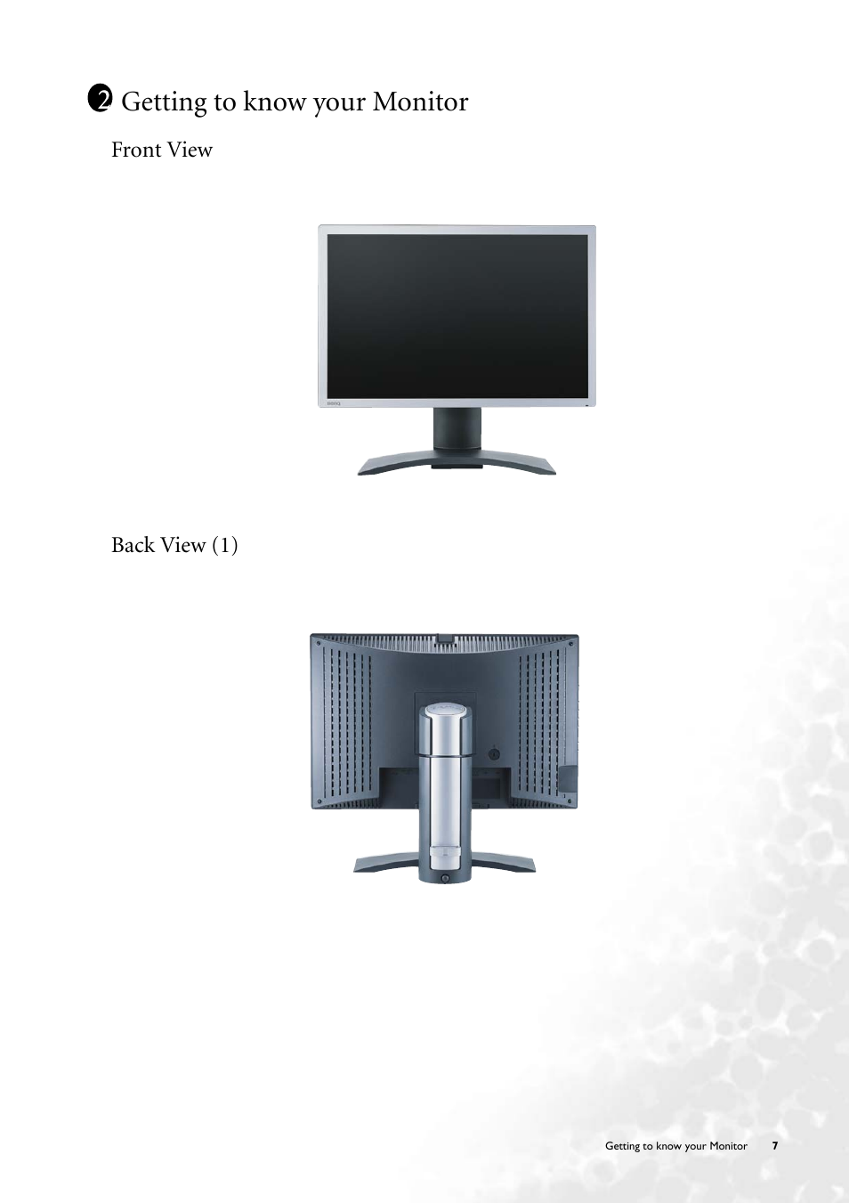 Getting to know your monitor, Front view, Back view (1) | Front view back view (1) | BenQ FP231W User Manual | Page 7 / 37