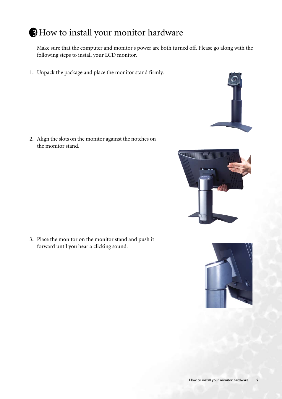 How to install your monitor hardware | BenQ FP231W User Manual | Page 9 / 37