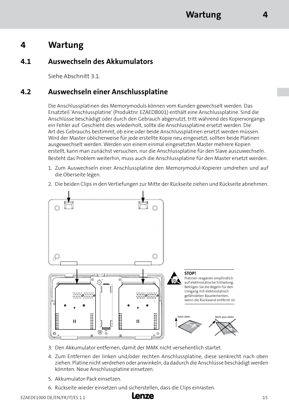 Wartung 4 4 wartung, 1 auswechseln des akkumulators, 2 auswechseln einer anschlussplatine | Lenze EZAEDE1000 User Manual | Page 15 / 76