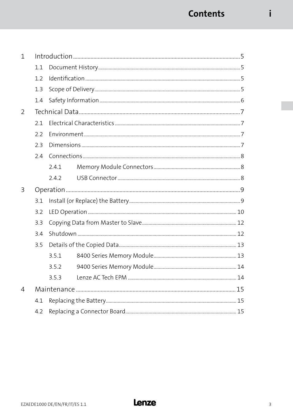 Contents i | Lenze EZAEDE1000 User Manual | Page 17 / 76