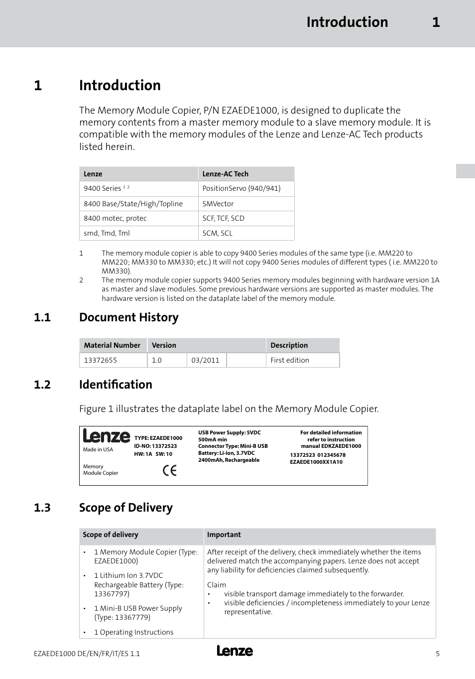 Introduction 1 1 introduction, 1 document history, 2 identification | 3 scope of delivery | Lenze EZAEDE1000 User Manual | Page 19 / 76