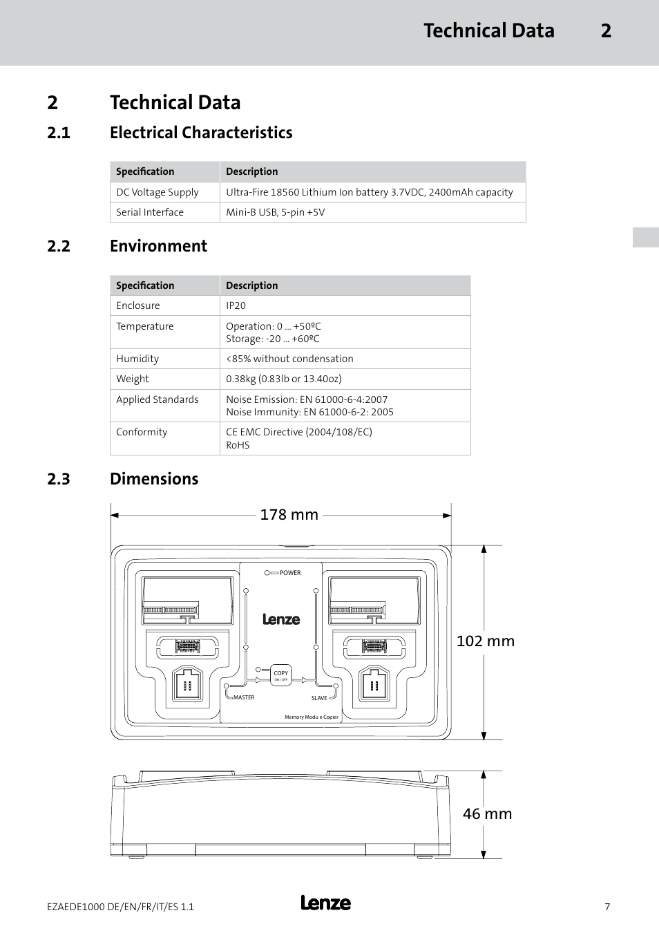 Technical data 2 2 technical data, 1 electrical characteristics, 2 environment | 3 dimensions | Lenze EZAEDE1000 User Manual | Page 21 / 76