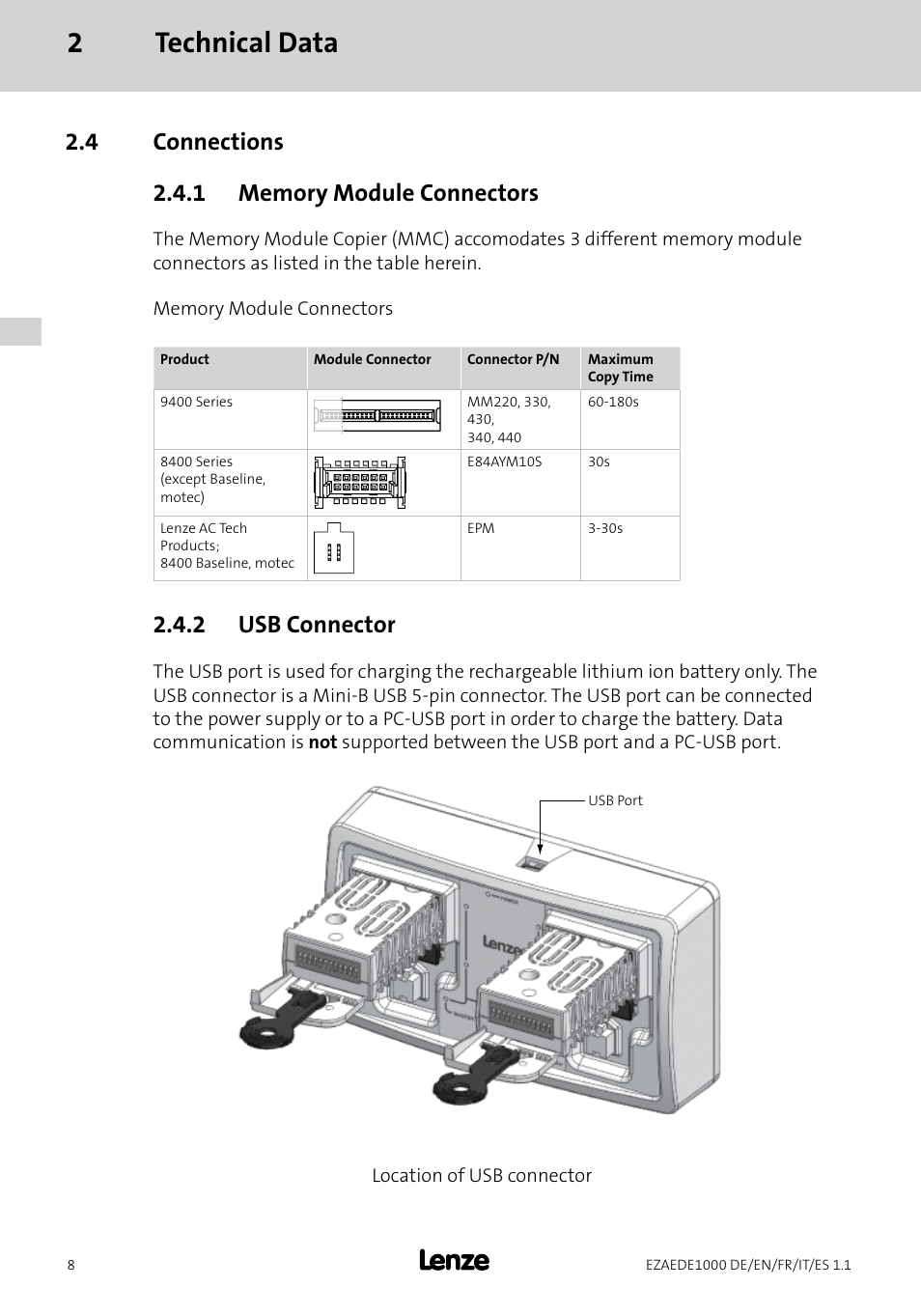 2technical data, 2 usb connector | Lenze EZAEDE1000 User Manual | Page 22 / 76