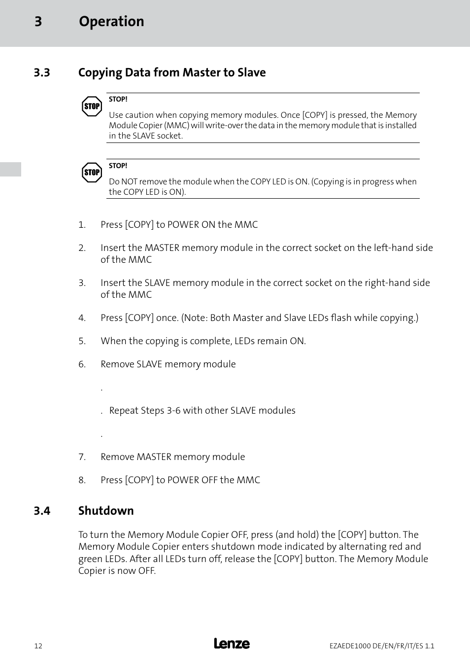 3operation, 3 copying data from master to slave, 4 shutdown | Lenze EZAEDE1000 User Manual | Page 26 / 76