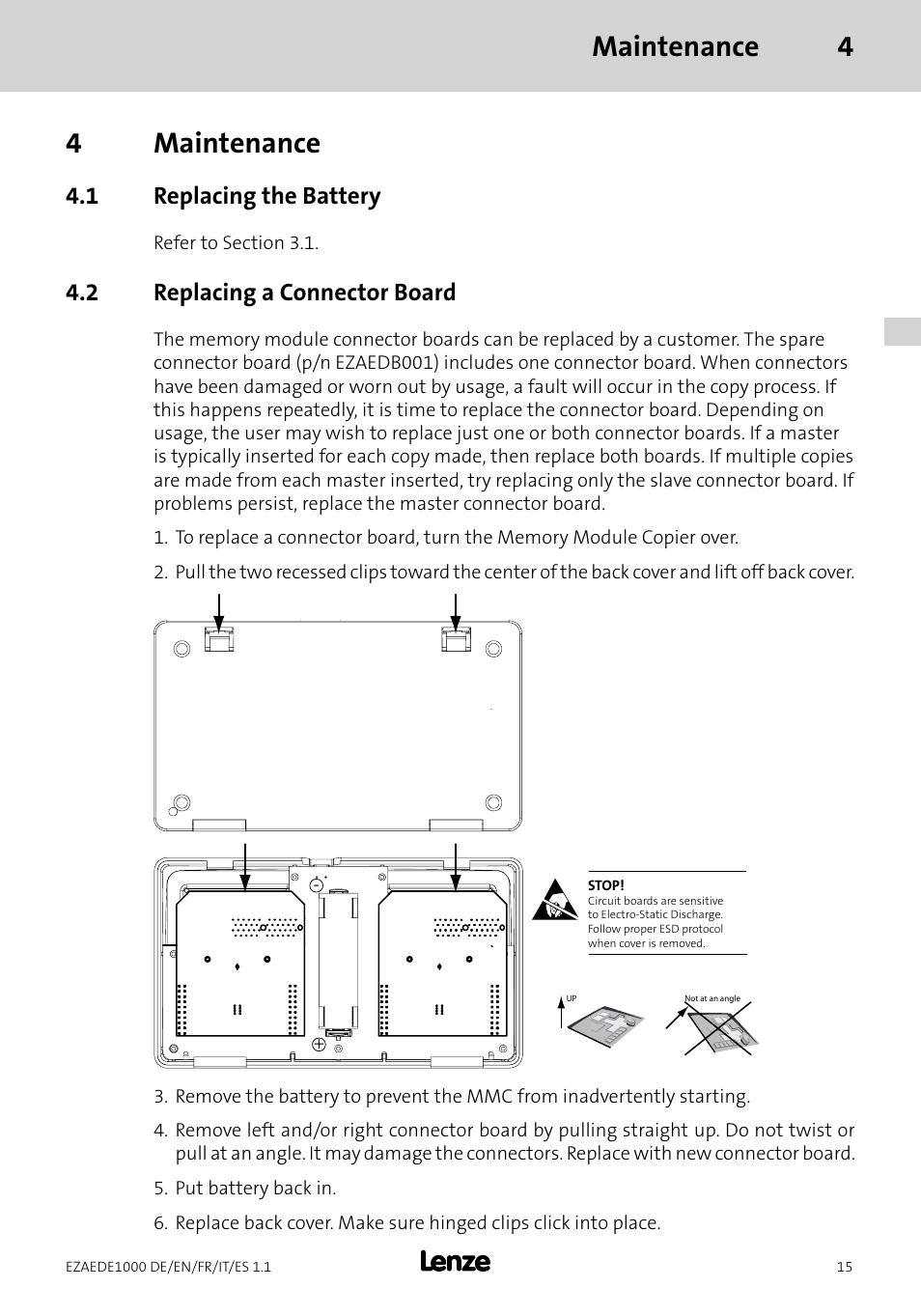 Maintenance 4 4 maintenance, 1 replacing the battery, 2 replacing a connector board | Lenze EZAEDE1000 User Manual | Page 29 / 76