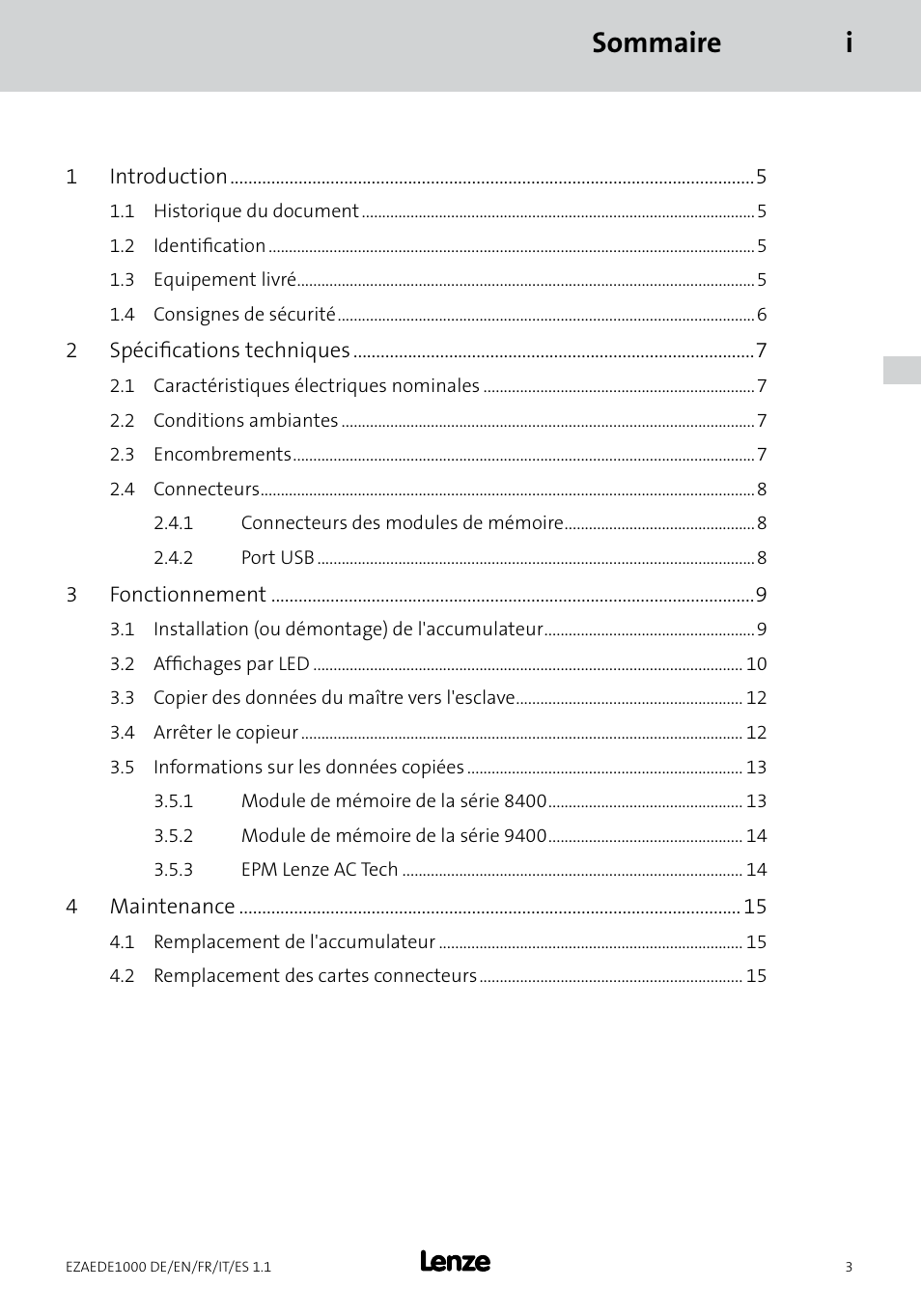 Sommaire i | Lenze EZAEDE1000 User Manual | Page 31 / 76