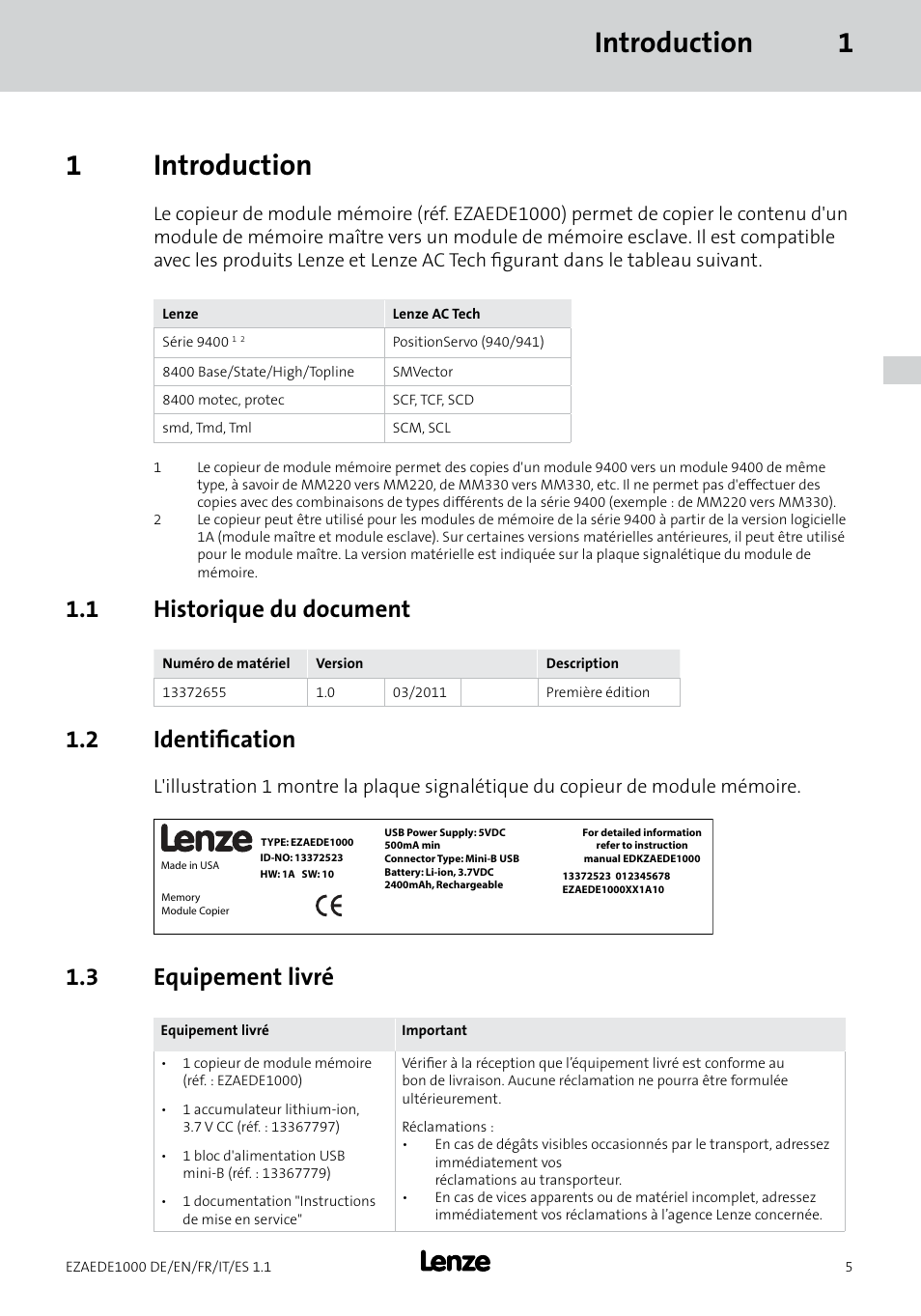 Introduction 1 1 introduction, 1 historique du document, 2 identification | 3 equipement livré | Lenze EZAEDE1000 User Manual | Page 33 / 76