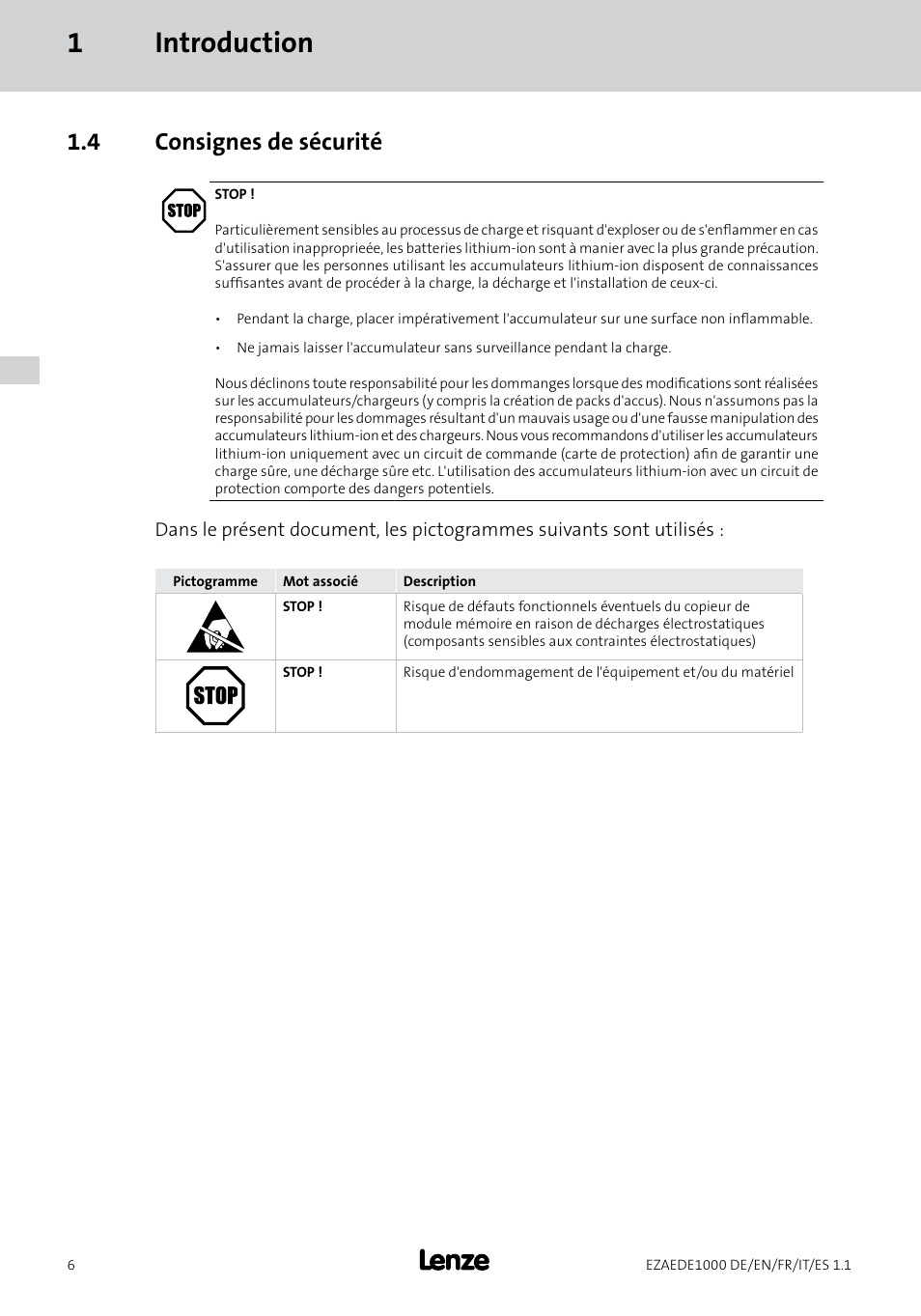 1introduction, 4 consignes de sécurité | Lenze EZAEDE1000 User Manual | Page 34 / 76