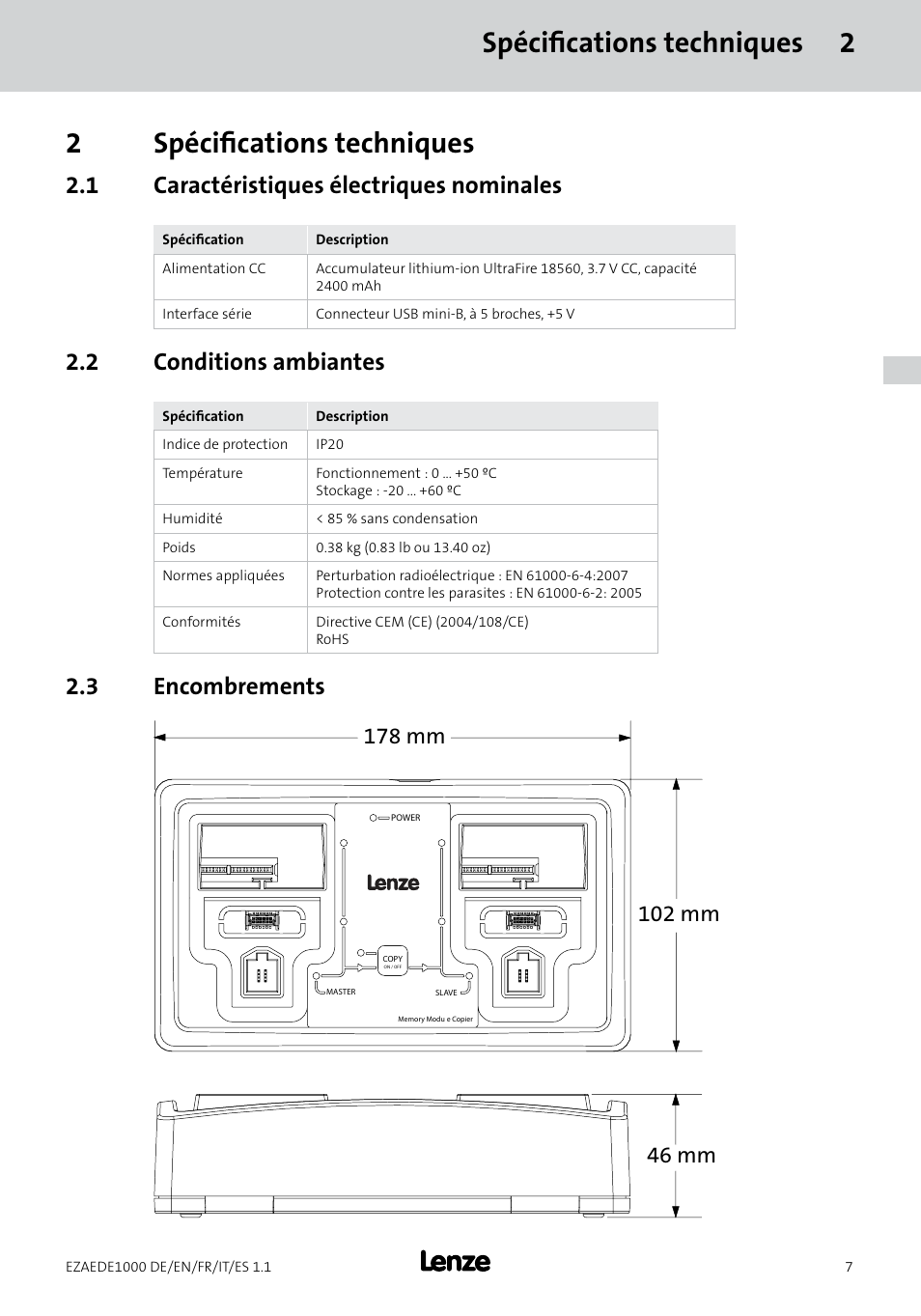 1 caractéristiques électriques nominales, 2 conditions ambiantes, 3 encombrements | Lenze EZAEDE1000 User Manual | Page 35 / 76