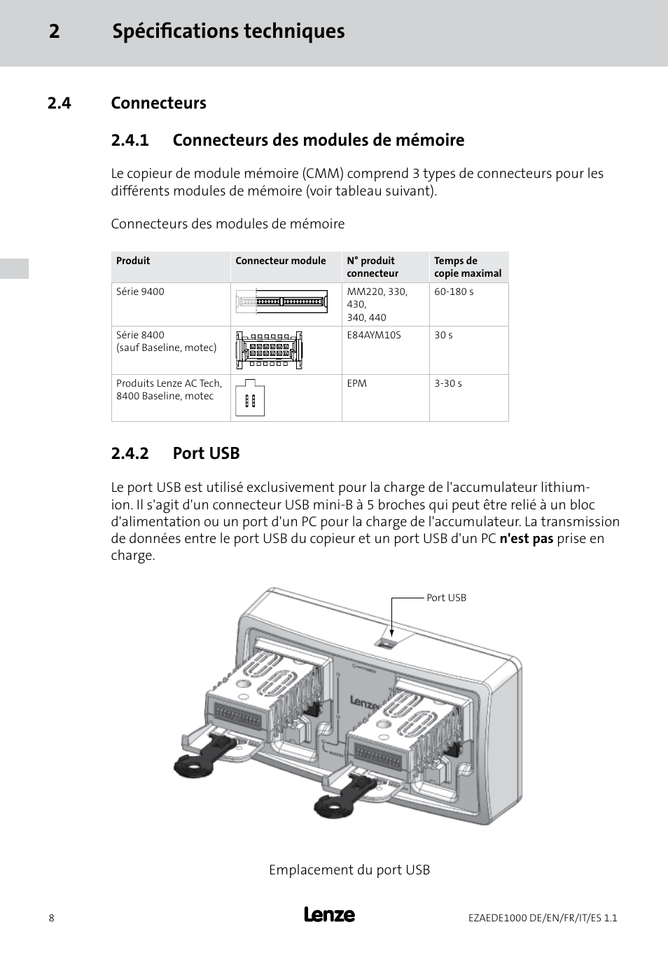 2spécifications techniques, 2 port usb | Lenze EZAEDE1000 User Manual | Page 36 / 76