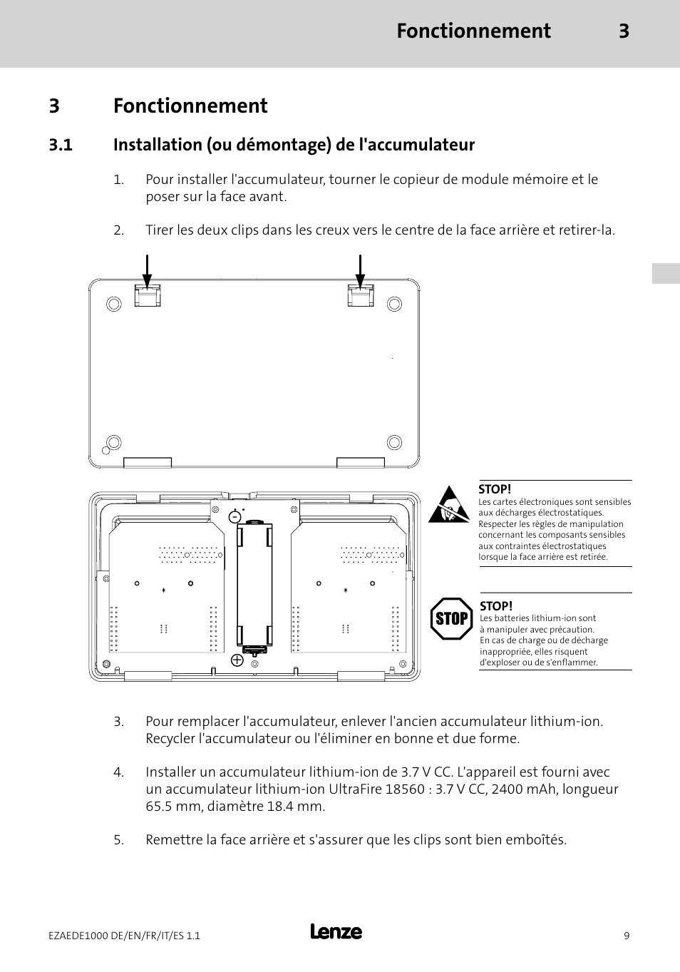 Fonctionnement 3 3 fonctionnement, 1 installation (ou démontage) de l'accumulateur | Lenze EZAEDE1000 User Manual | Page 37 / 76