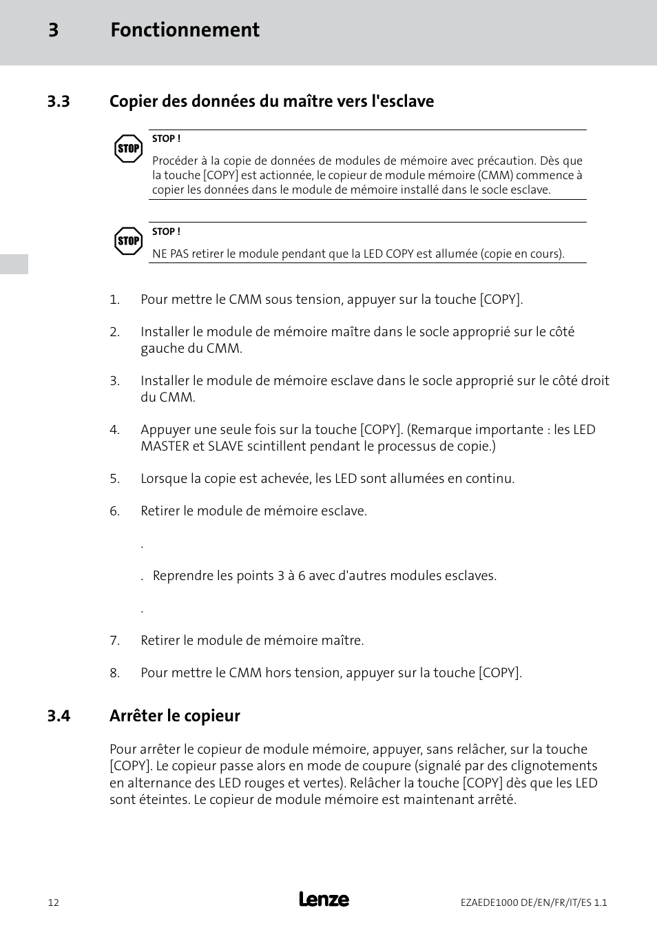 3fonctionnement, 3 copier des données du maître vers l'esclave, 4 arrêter le copieur | Lenze EZAEDE1000 User Manual | Page 40 / 76