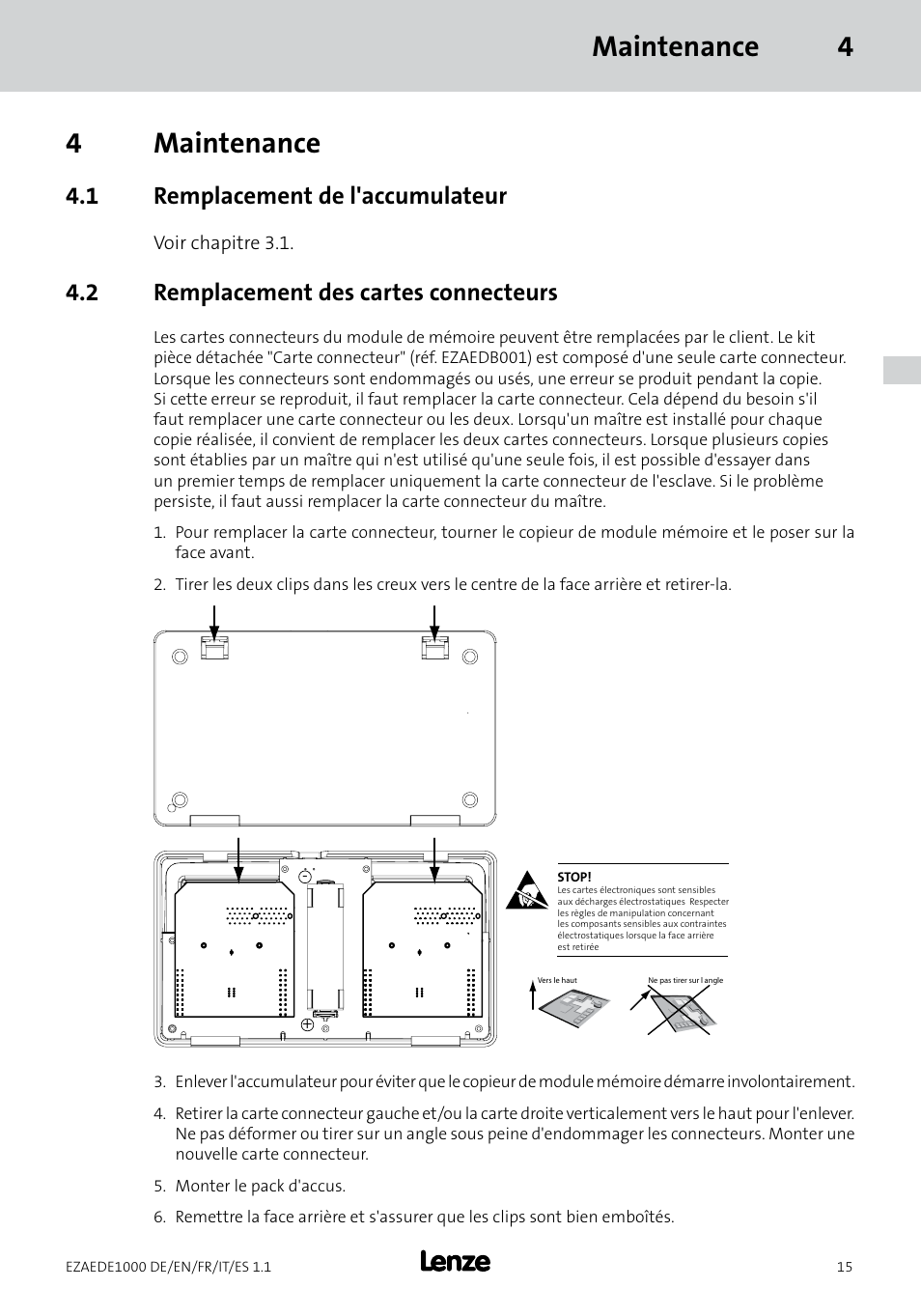 Maintenance 4 4 maintenance, 1 remplacement de l'accumulateur, 2 remplacement des cartes connecteurs | Lenze EZAEDE1000 User Manual | Page 43 / 76