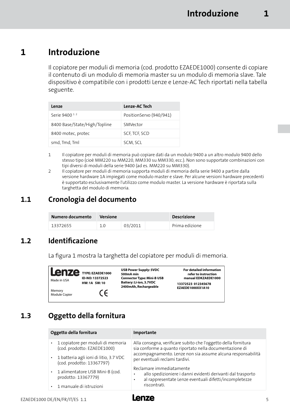 Introduzione 1 1 introduzione, 1 cronologia del documento, 2 identificazione | 3 oggetto della fornitura | Lenze EZAEDE1000 User Manual | Page 47 / 76