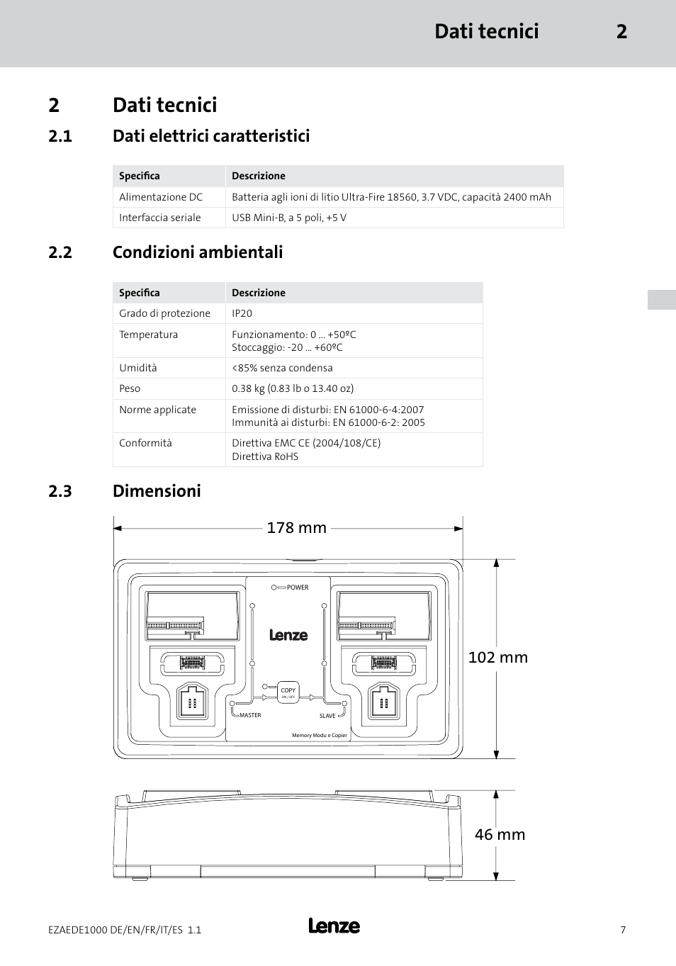 Dati tecnici 2 2 dati tecnici, 1 dati elettrici caratteristici, 2 condizioni ambientali | 3 dimensioni | Lenze EZAEDE1000 User Manual | Page 49 / 76