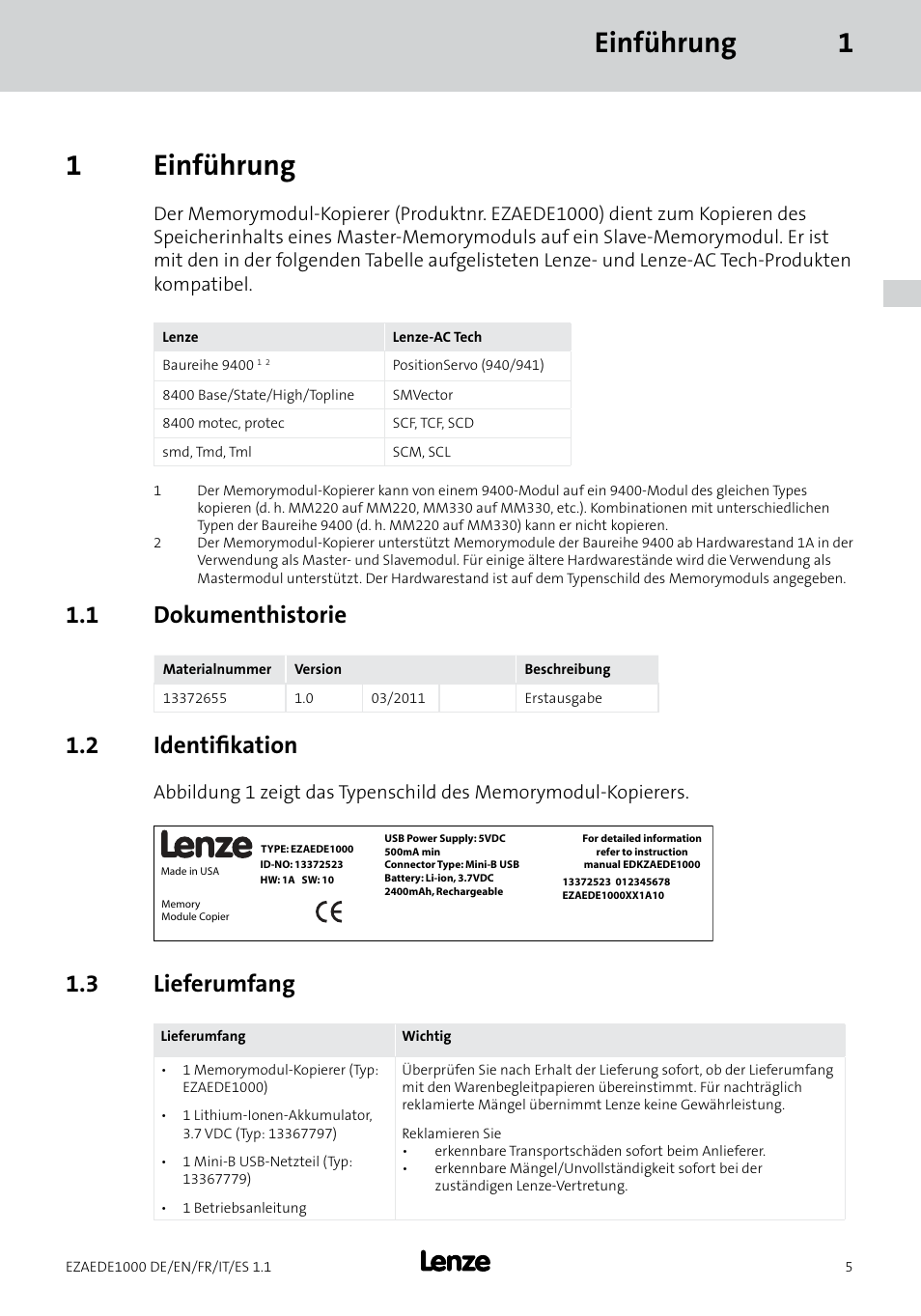 Einführung 1 1 einführung, 1 dokumenthistorie, 2 identifikation | 3 lieferumfang | Lenze EZAEDE1000 User Manual | Page 5 / 76